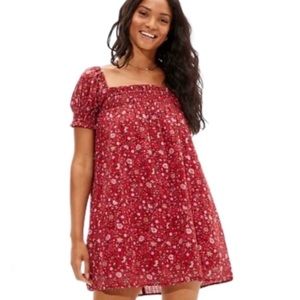 American Eagle Small Red Floral Cotton Mini Dress Puff Sleeves Pockets‎